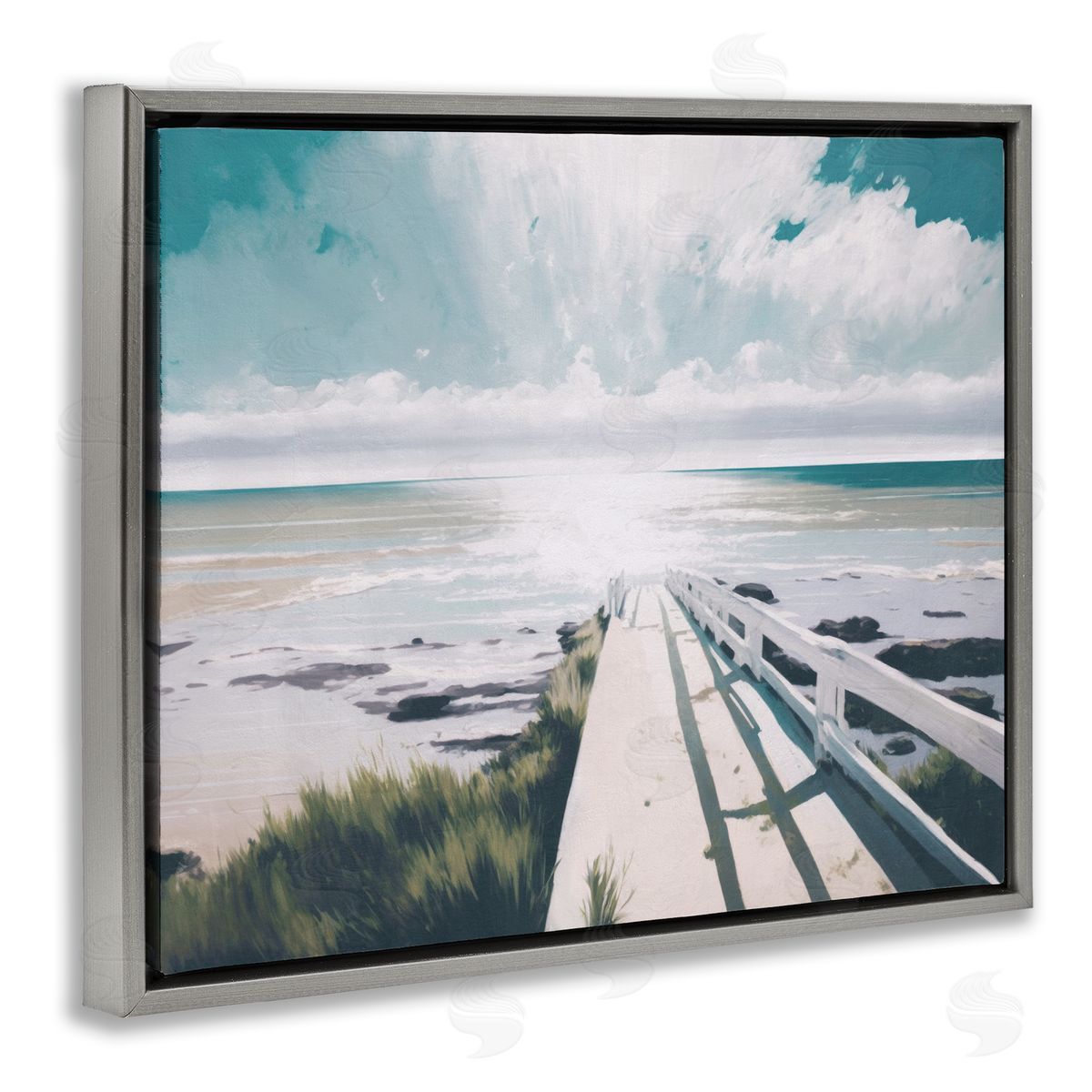 White Bridge to Shore Grey Floating Frame Canvas Wall Art, Home Decor by Svetlana Aleynikova