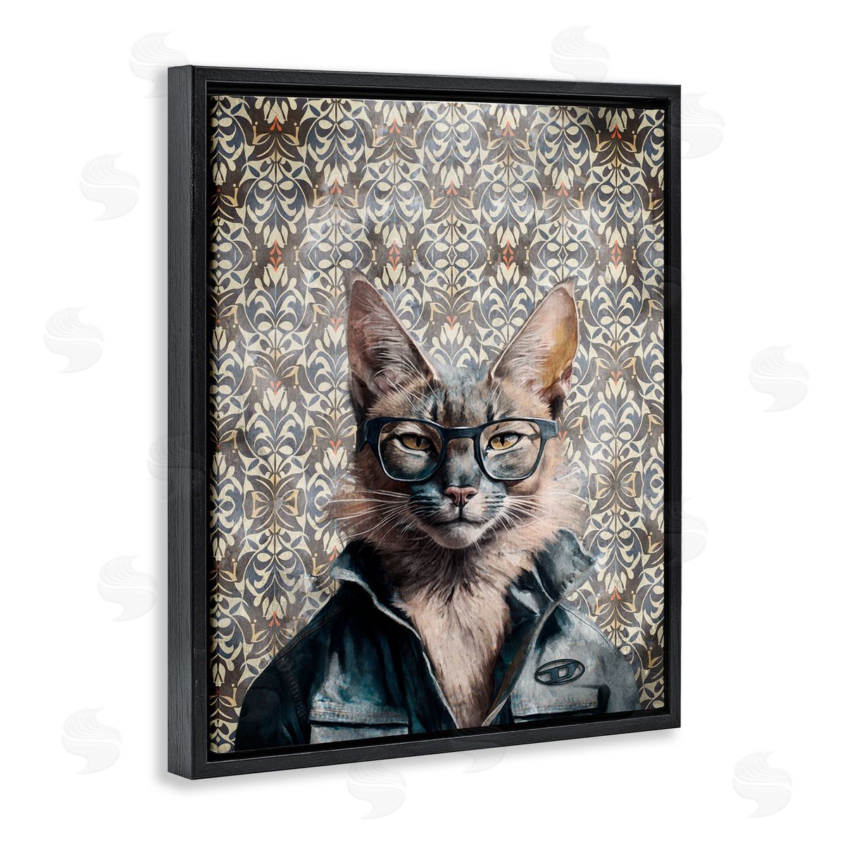 Wild Cat on Damask Black Floating Frame Canvas Wall Art, Home Decor by Svetlana Aleynikova