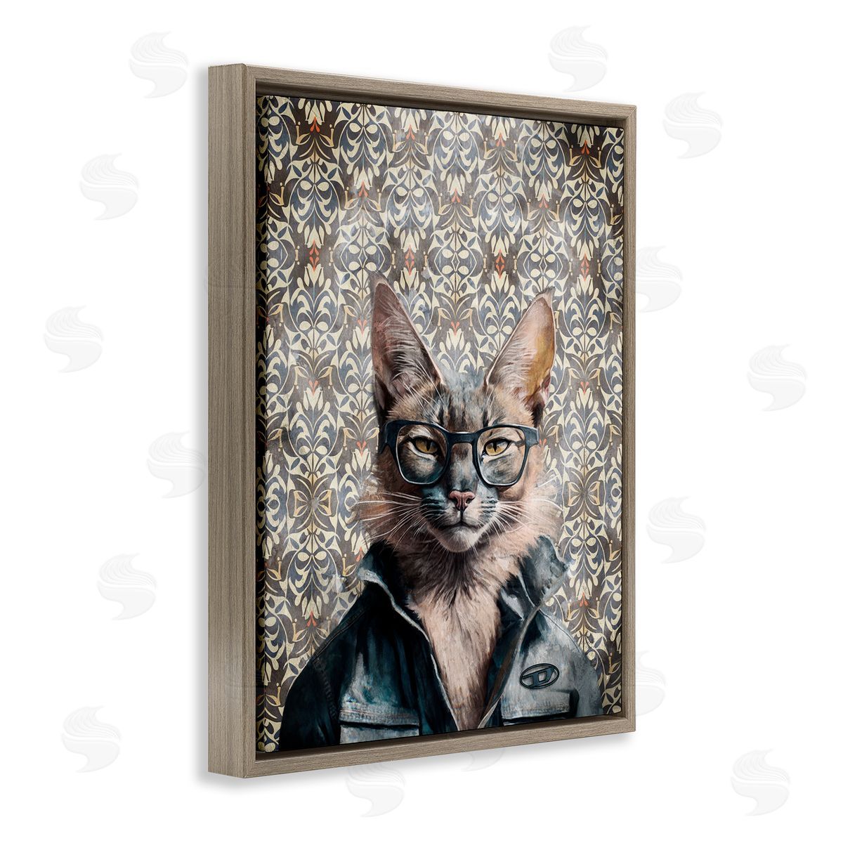 Wild Cat on Damask Brown Floating Frame Canvas Wall Art, Home Decor by Svetlana Aleynikova