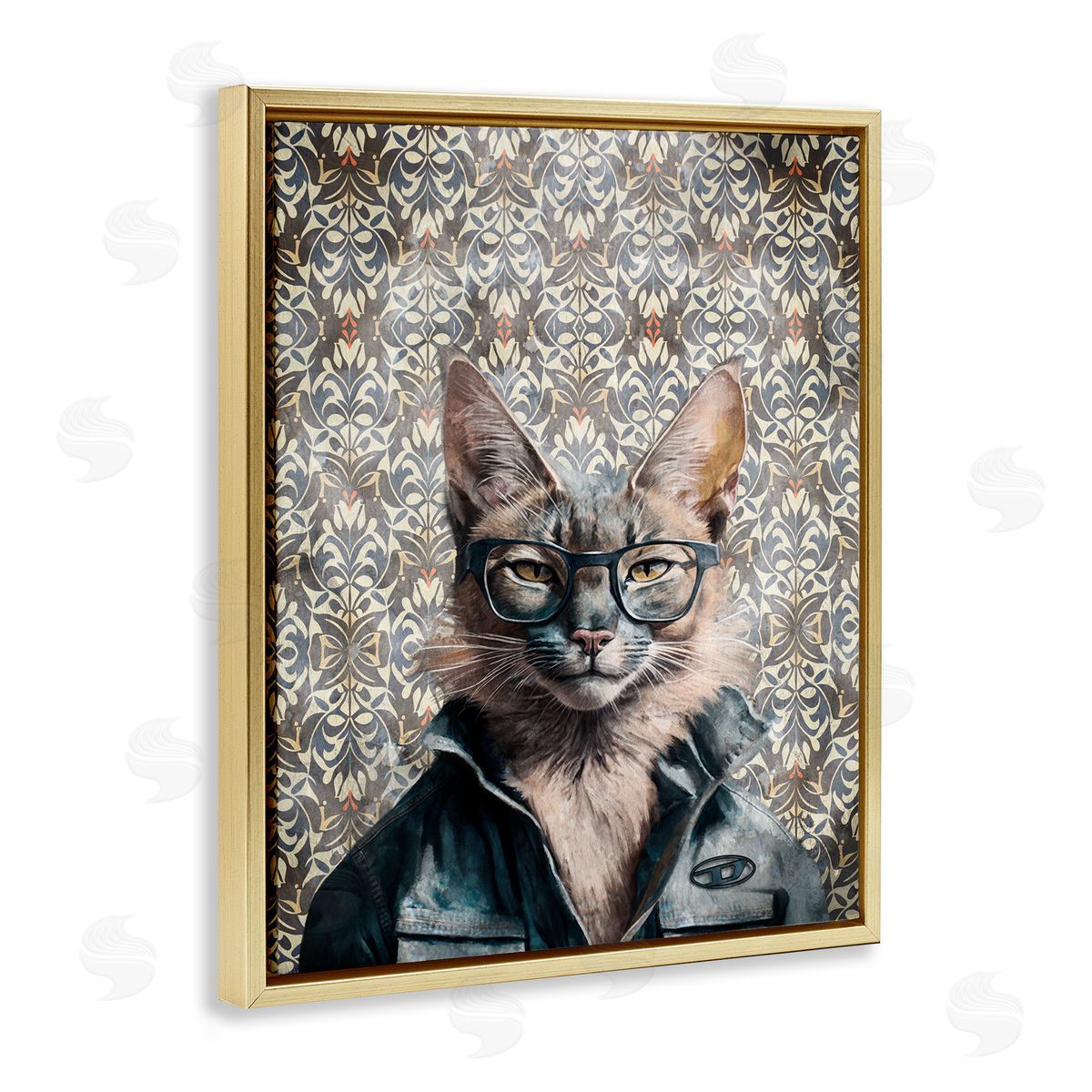 Wild Cat on Damask Gold Floating Frame Canvas Wall Art, Home Decor by Svetlana Aleynikova