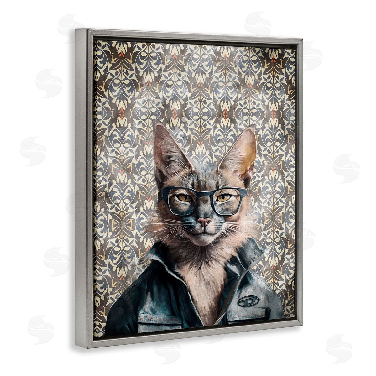 Wild Cat on Damask Grey Floating Frame Canvas Wall Art, Home Decor by Svetlana Aleynikova