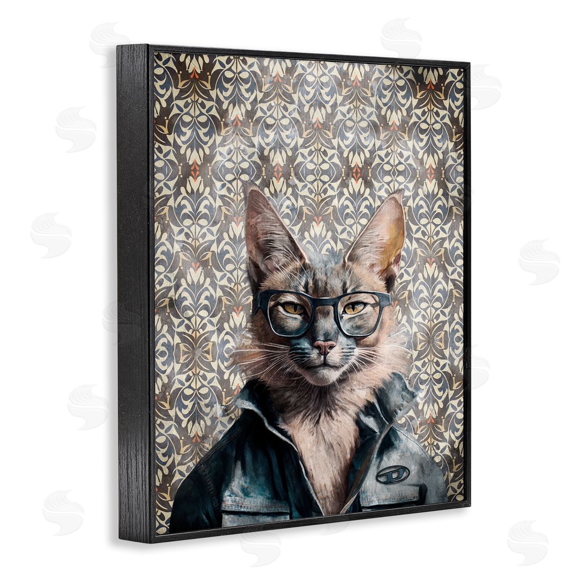 Wild Cat on Damask Black Frame Print Wall Art, Home Decor by Svetlana Aleynikova