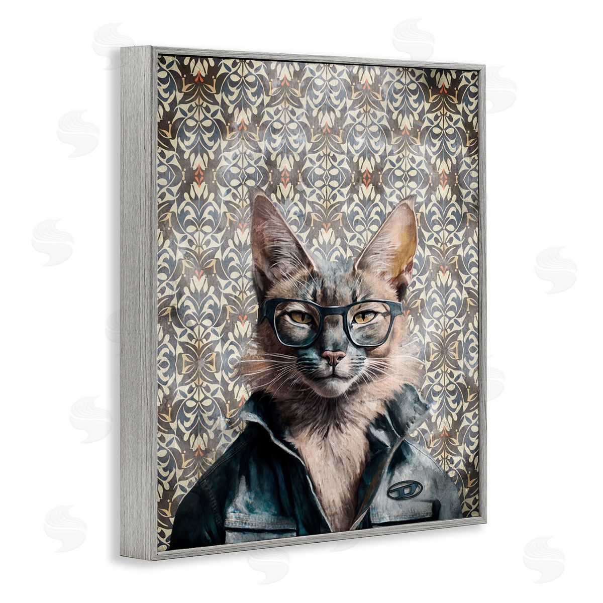 Wild Cat on Damask Grey Frame Print Wall Art, Home Decor by Svetlana Aleynikova