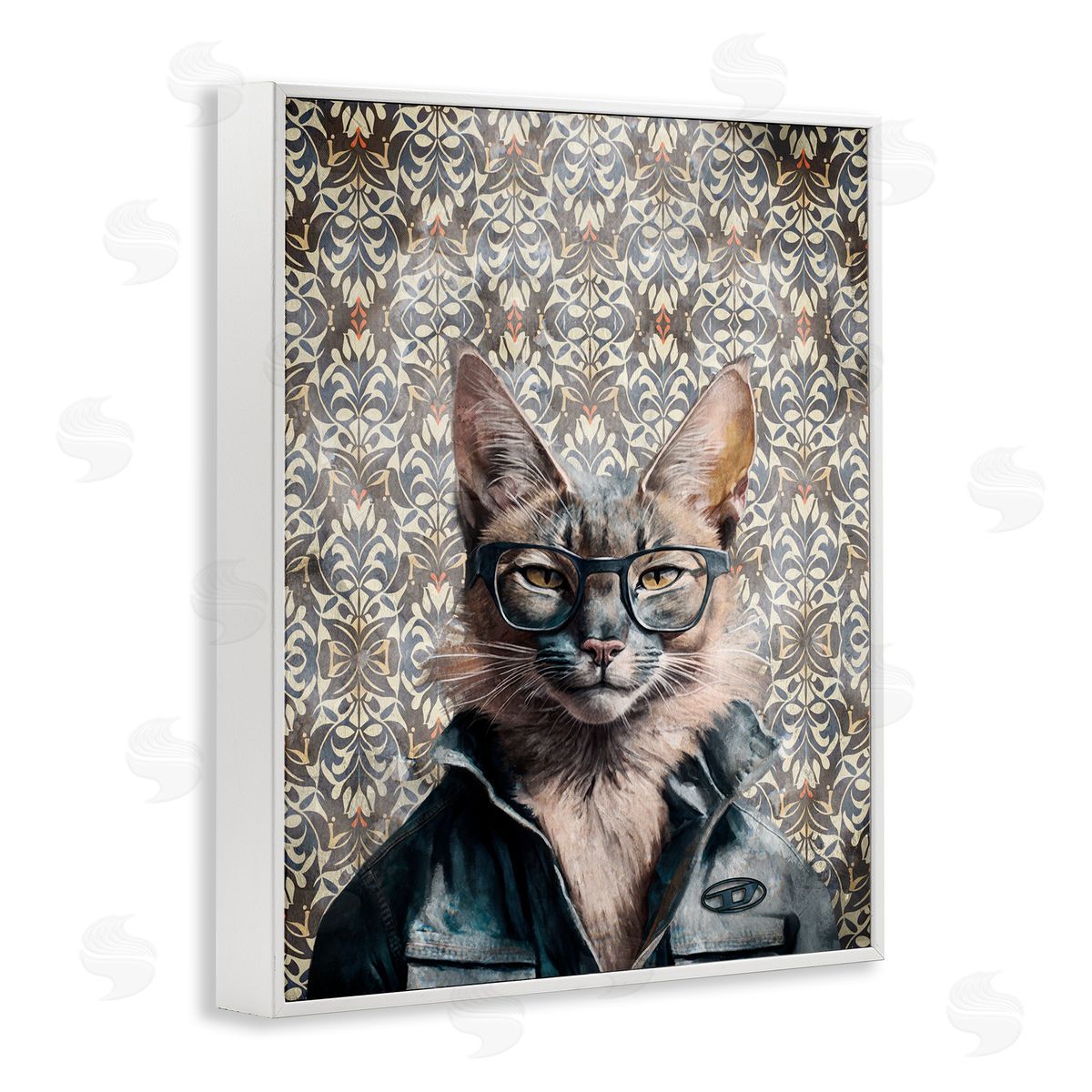 Wild Cat on Damask White Frame Print Wall Art, Home Decor by Svetlana Aleynikova