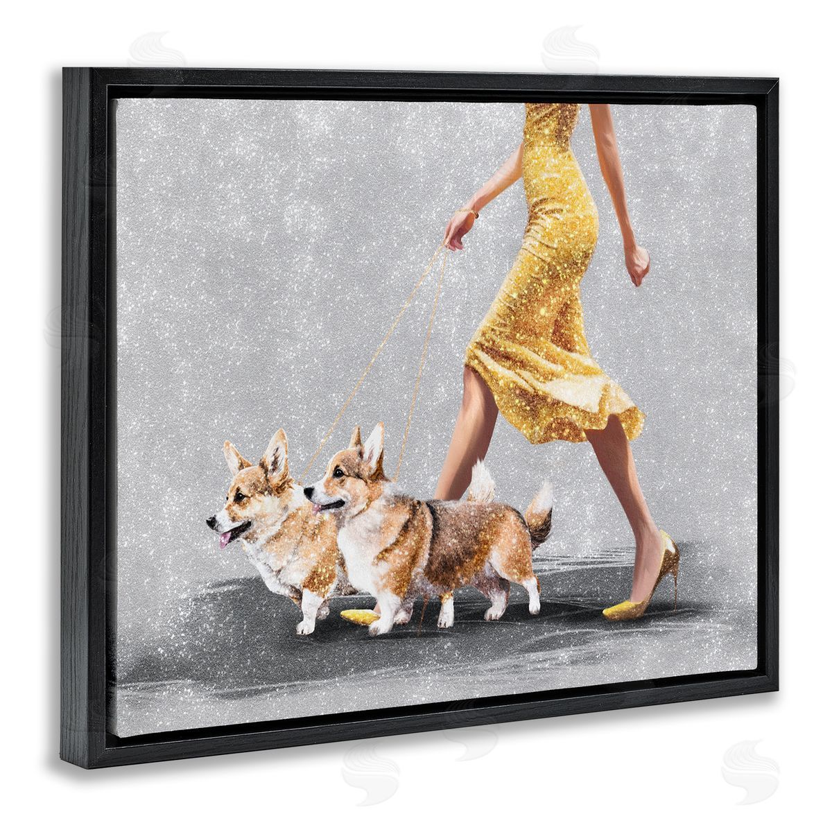 Chic Woman with Corgis Black Floating Frame Canvas Wall Art, Home Decor by Svetlana Aleynikova