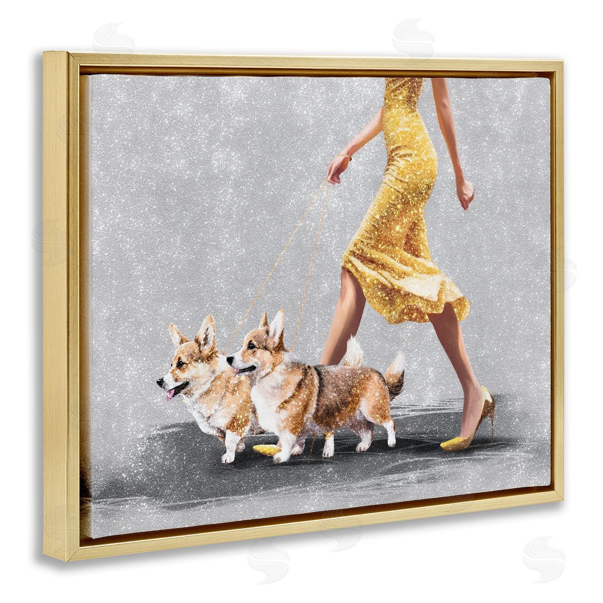 Chic Woman with Corgis Gold Floating Frame Canvas Wall Art, Home Decor by Svetlana Aleynikova