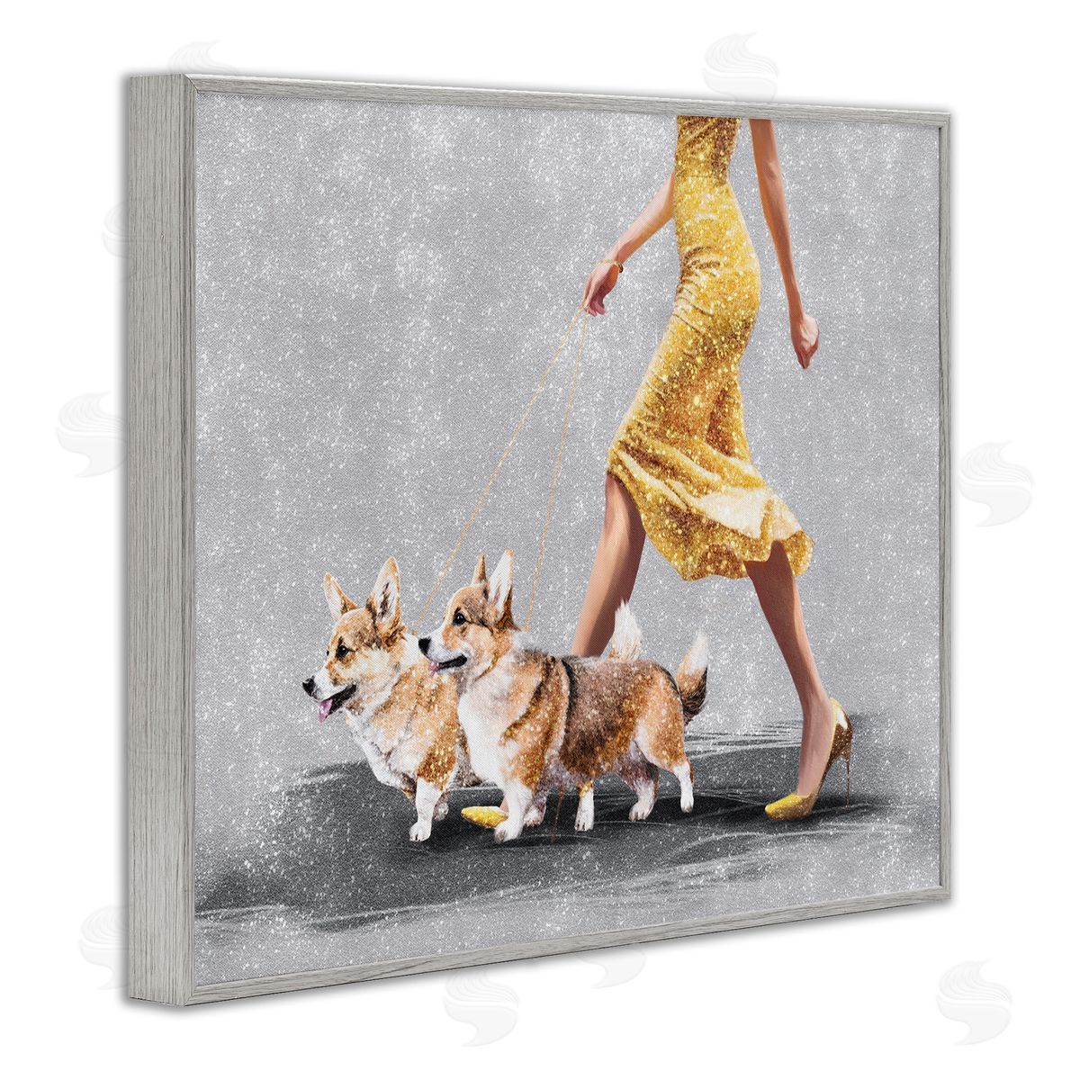 Chic Woman with Corgis Grey Frame Print Wall Art, Home Decor by Svetlana Aleynikova
