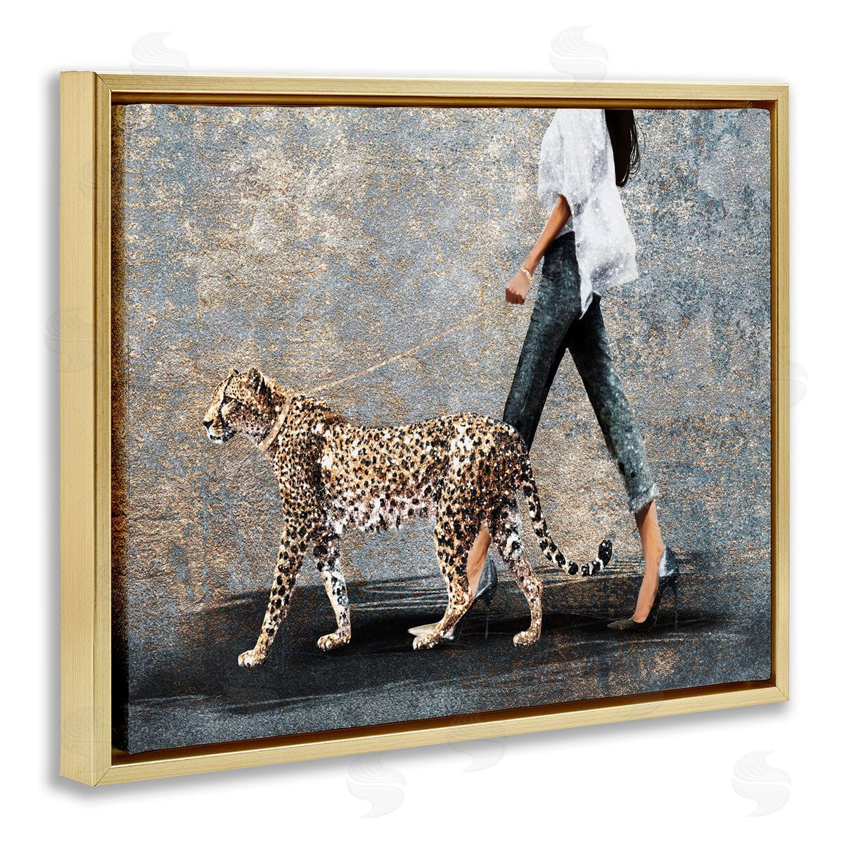 Trendy Woman with Leopard Gold Floating Frame Canvas Wall Art, Home Decor by Svetlana Aleynikova