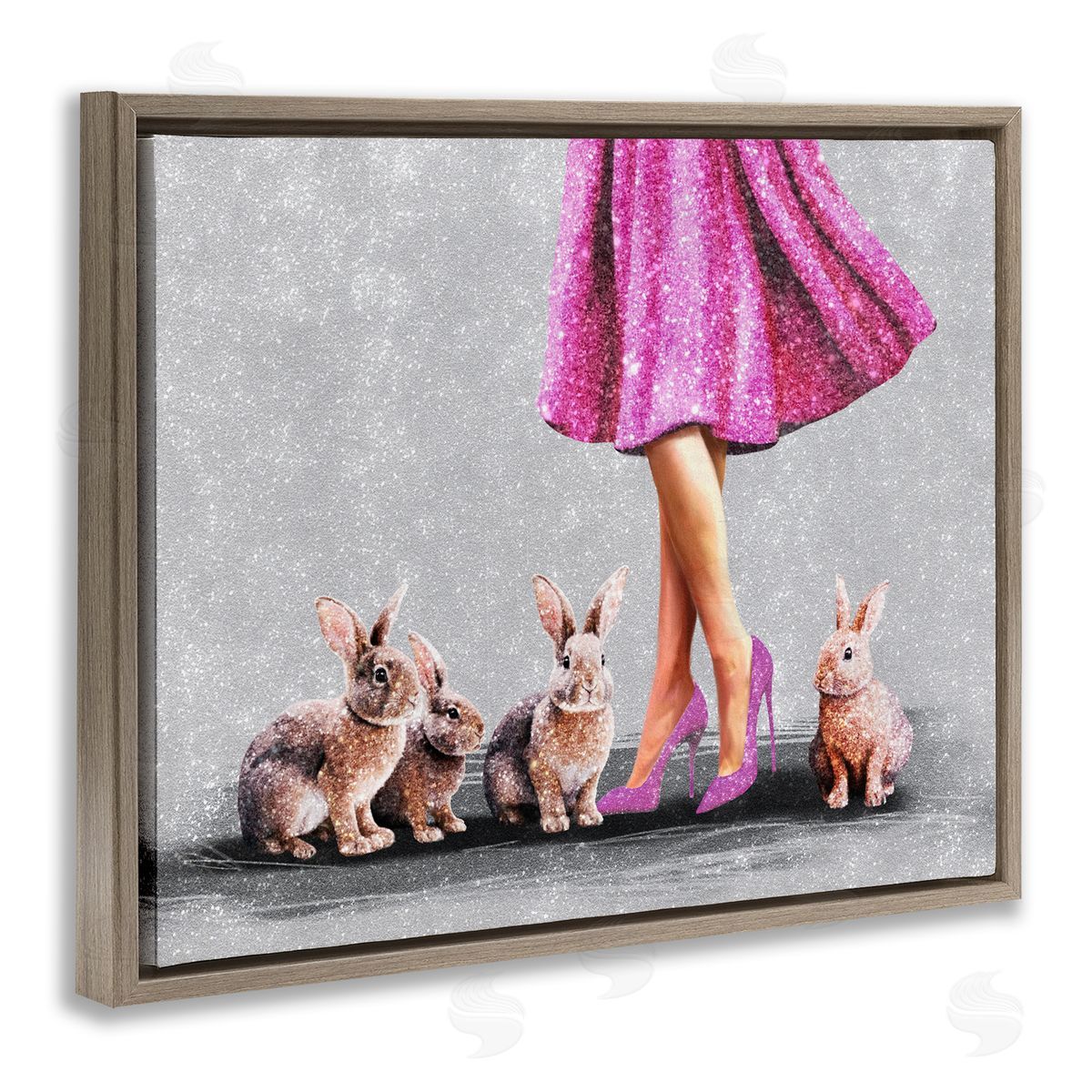 Chic Woman with Rabbits Brown Floating Frame Canvas Wall Art, Home Decor by Svetlana Aleynikova