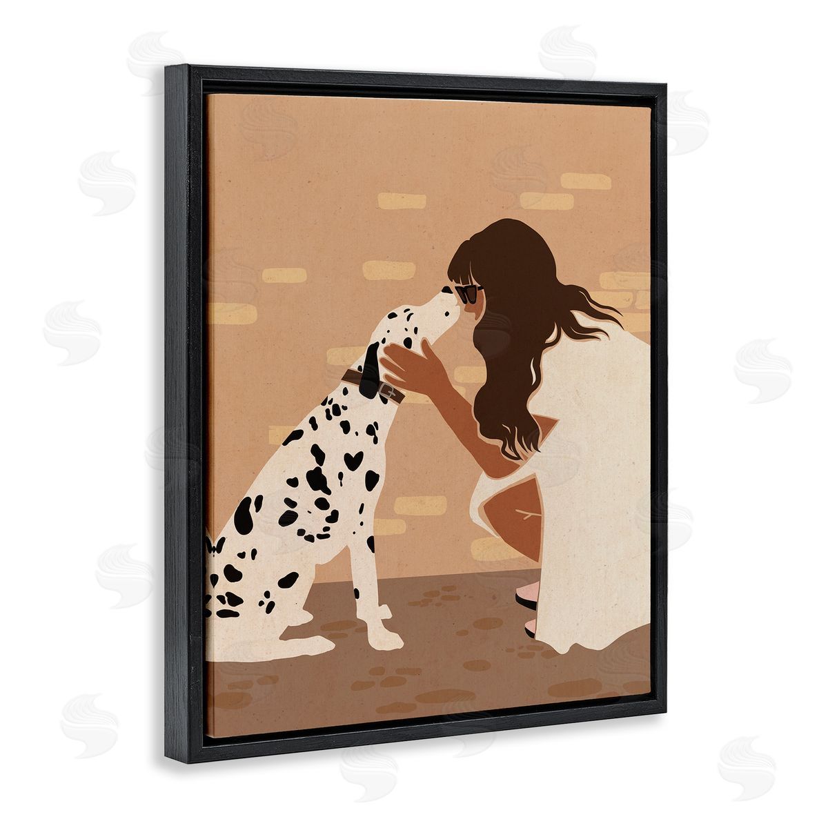 Girl Hugging Dalmatian Black Floating Frame Canvas Wall Art, Home Decor by Svetlana Aleynikova