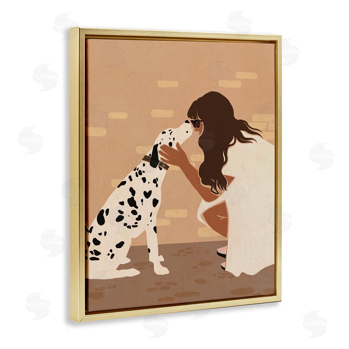 Girl Hugging Dalmatian Gold Floating Frame Canvas Wall Art, Home Decor by Svetlana Aleynikova