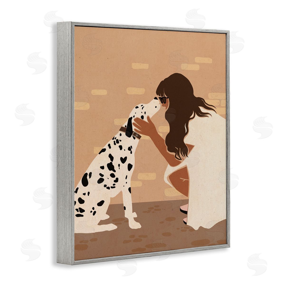 Girl Hugging Dalmatian Grey Frame Print Wall Art, Home Decor by Svetlana Aleynikova