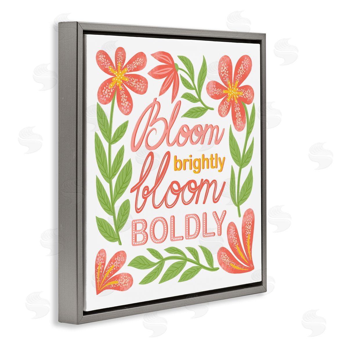 Bloom Brightly Flower Border Grey Floating Frame Canvas Wall Art, Home Decor by Martina Pavlova