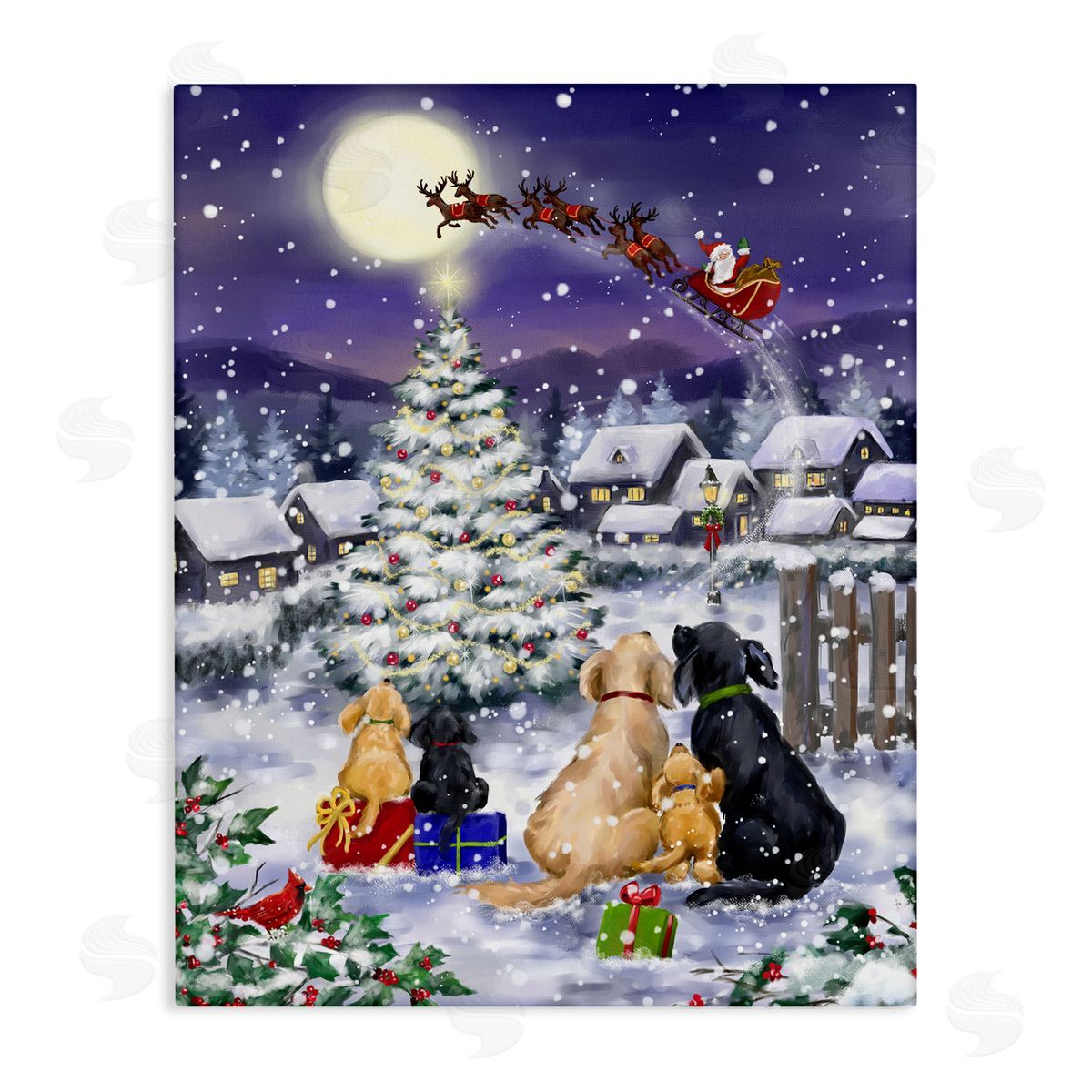 Santa Over Snowy Dogs Canvas Wall Art, Home Decor by Jean Francois