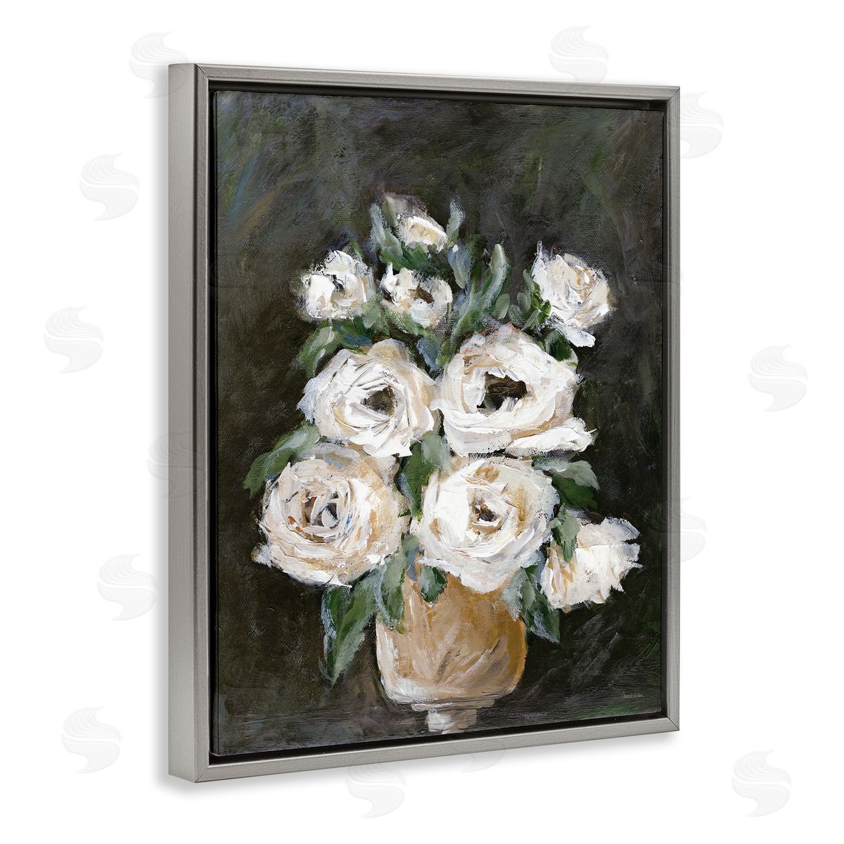 Roses on Black Still Life Grey Floating Frame Canvas Wall Art, Home Decor by Amanda Hilburn