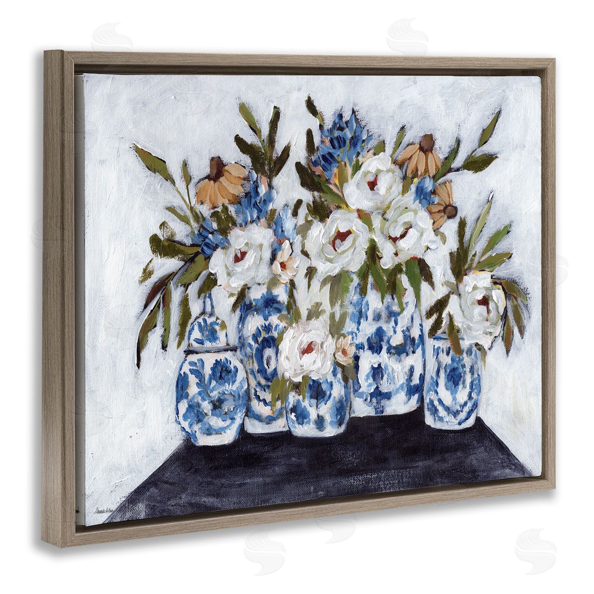 Ornate Flower Pots Still Life Brown Floating Frame Canvas Wall Art, Home Decor by Amanda Hilburn