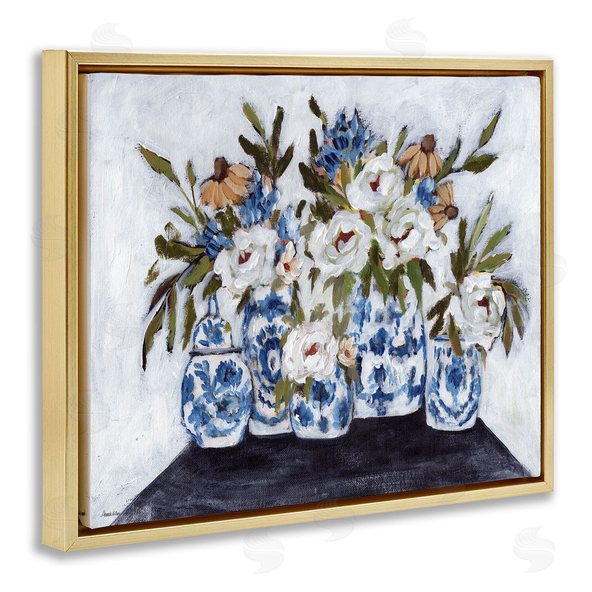 Ornate Flower Pots Still Life Gold Floating Frame Canvas Wall Art, Home Decor by Amanda Hilburn