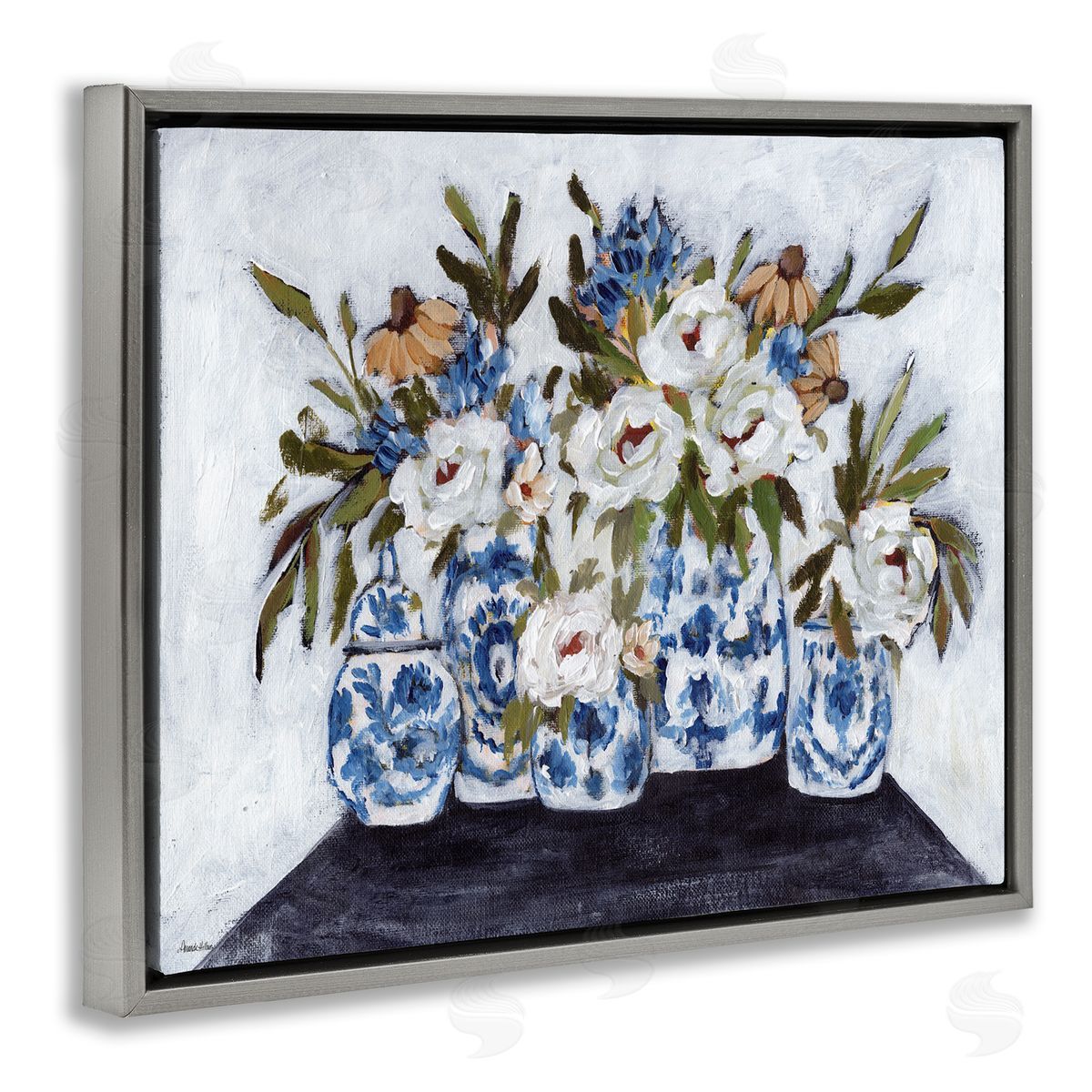Ornate Flower Pots Still Life Grey Floating Frame Canvas Wall Art, Home Decor by Amanda Hilburn