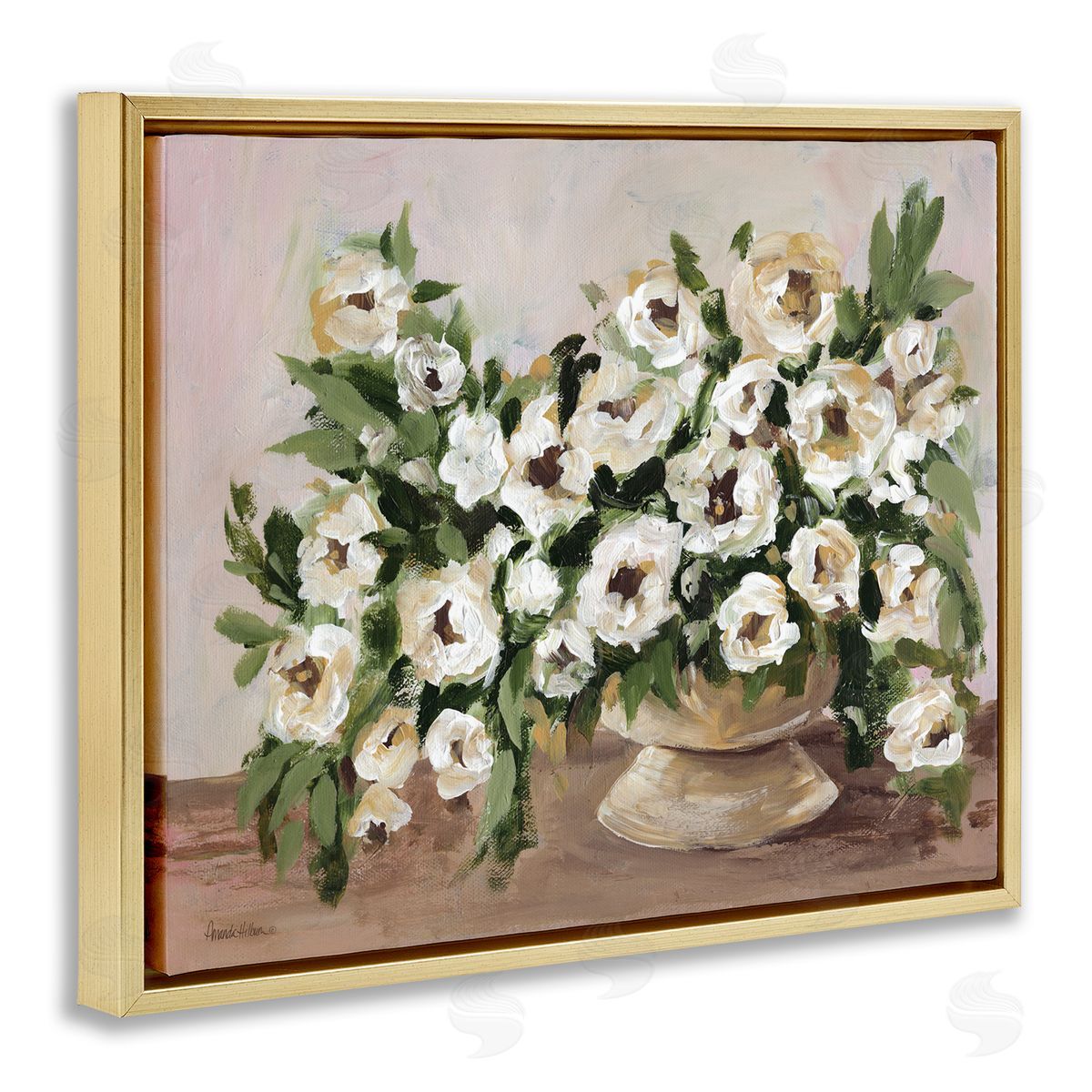Traditional Beige Flowers Gold Floating Frame Canvas Wall Art, Home Decor by Amanda Hilburn