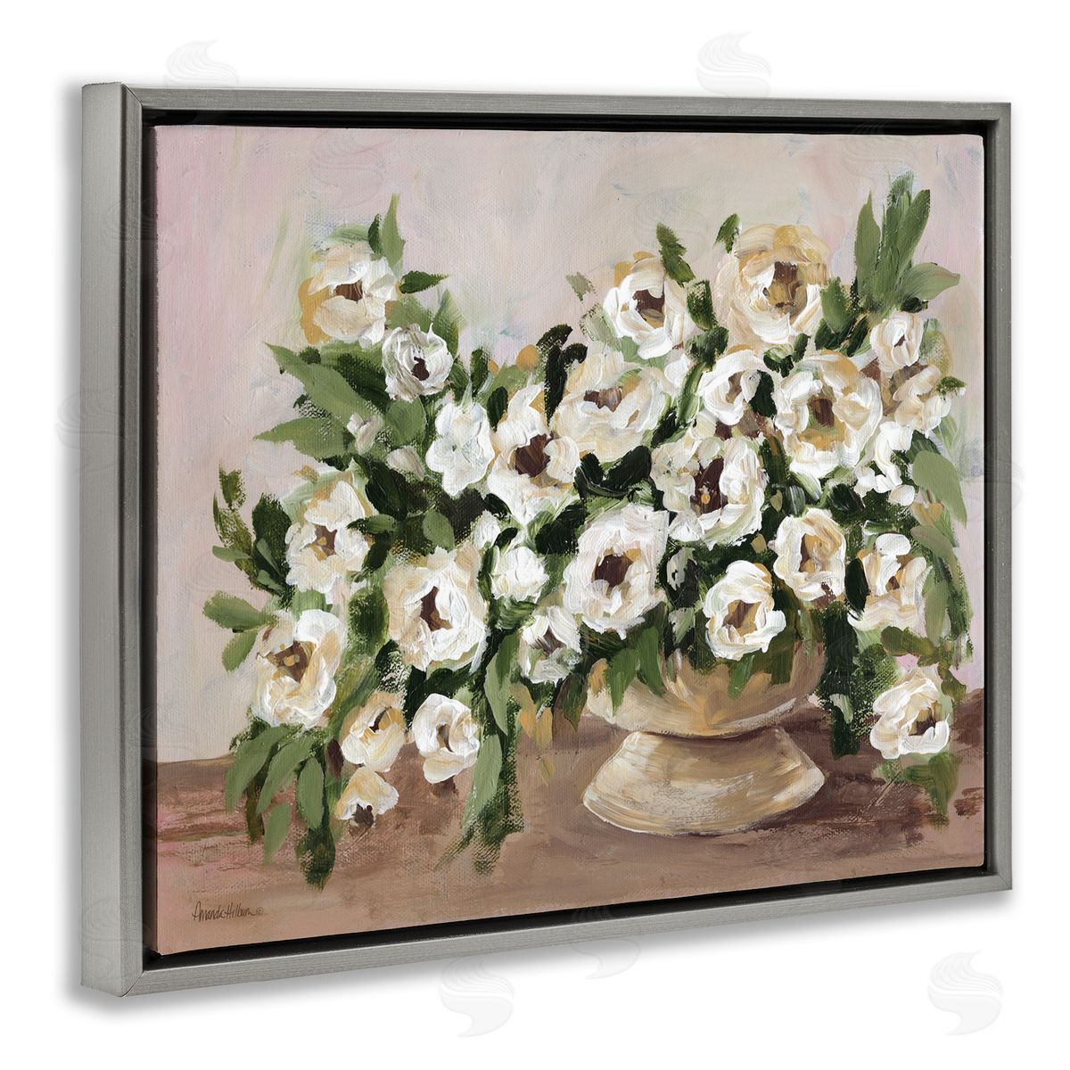Traditional Beige Flowers Grey Floating Frame Canvas Wall Art, Home Decor by Amanda Hilburn