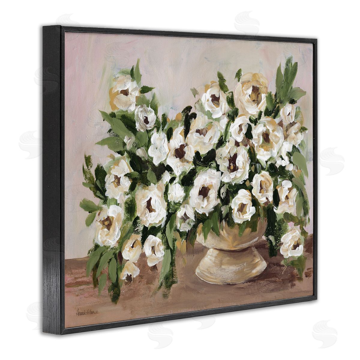 Traditional Beige Flowers Black Frame Print Wall Art, Home Decor by Amanda Hilburn