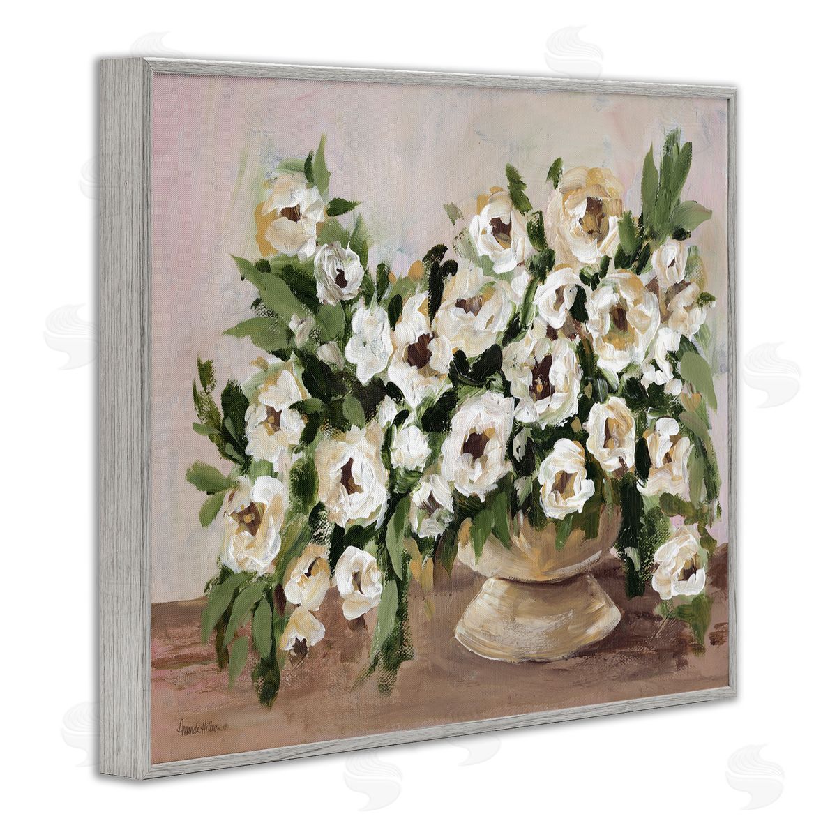 Traditional Beige Flowers Grey Frame Print Wall Art, Home Decor by Amanda Hilburn