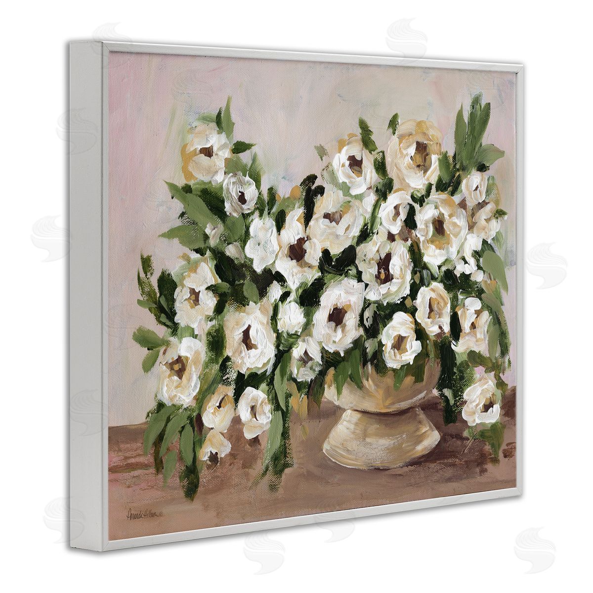 Traditional Beige Flowers White Frame Print Wall Art, Home Decor by Amanda Hilburn