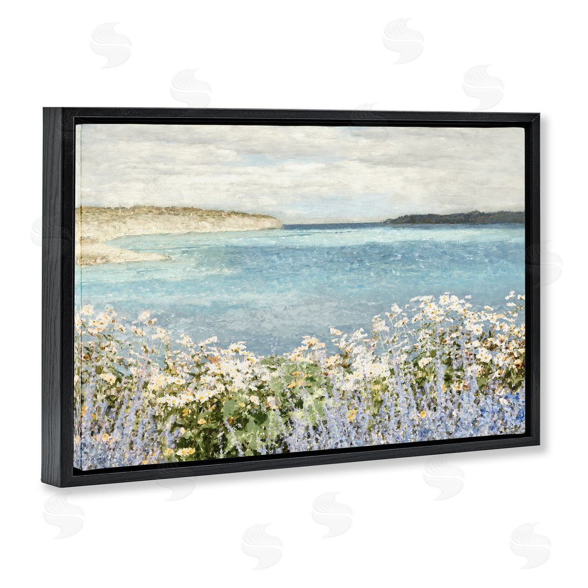 Daisy Field over Sea Black Floating Frame Canvas Wall Art, Home Decor by Amber Sterling