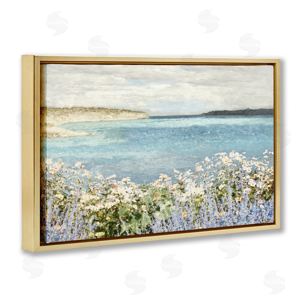 Daisy Field over Sea Gold Floating Frame Canvas Wall Art, Home Decor by Amber Sterling