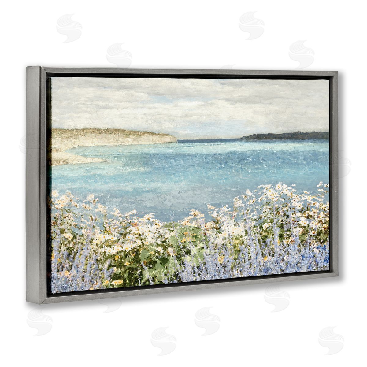 Daisy Field over Sea Grey Floating Frame Canvas Wall Art, Home Decor by Amber Sterling