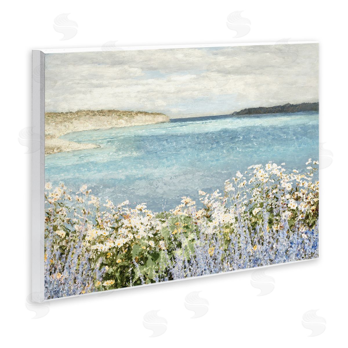 Daisy Field over Sea Wood Plaque Wall Art, Home Decor by Amber Sterling
