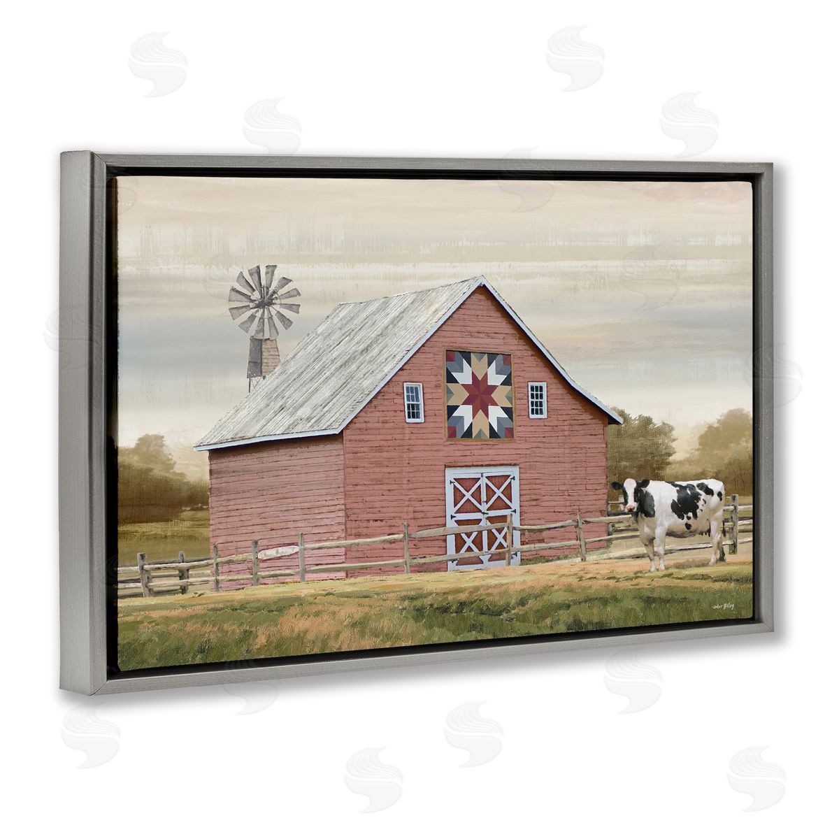 Traditional Barn & Windmill Grey Floating Frame Canvas Wall Art, Home Decor by Amber Sterling