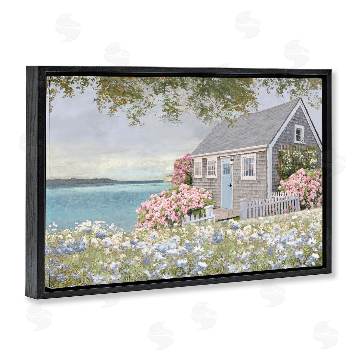 Cottage with Rose Garden Black Floating Frame Canvas Wall Art, Home Decor by Amber Sterling