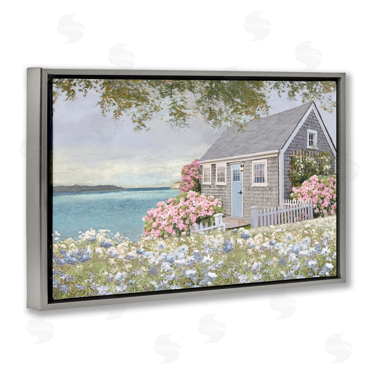 Cottage with Rose Garden Grey Floating Frame Canvas Wall Art, Home Decor by Amber Sterling