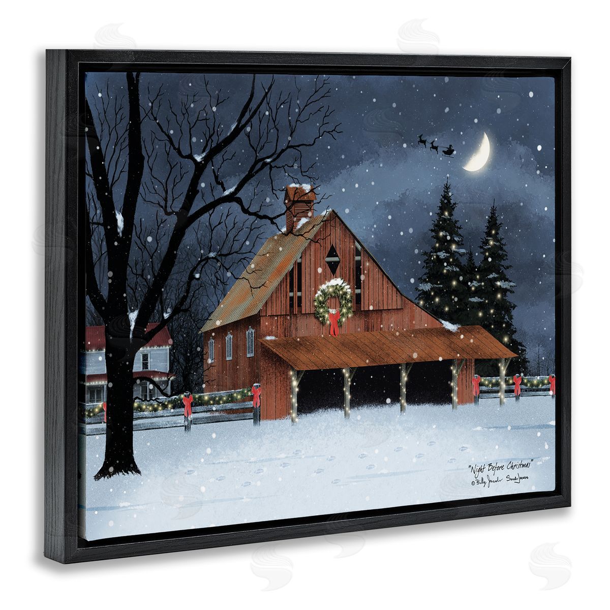 Night Before Christmas Barn Black Floating Frame Canvas Wall Art, Home Decor by Billy Jacobs