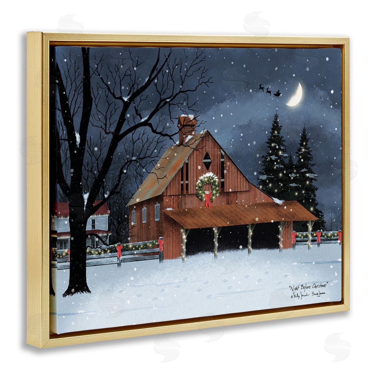 Night Before Christmas Barn Gold Floating Frame Canvas Wall Art, Home Decor by Billy Jacobs