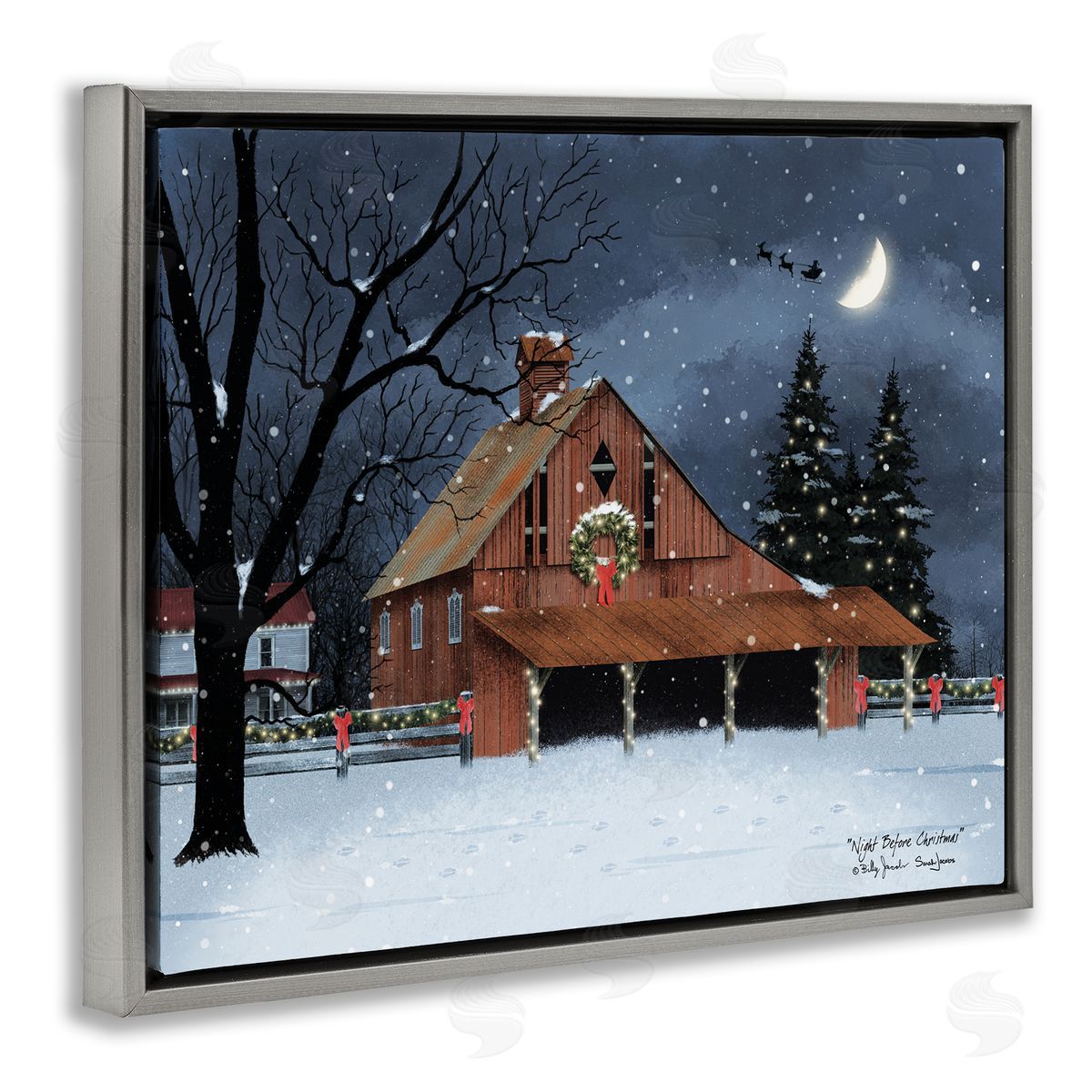 Night Before Christmas Barn Grey Floating Frame Canvas Wall Art, Home Decor by Billy Jacobs