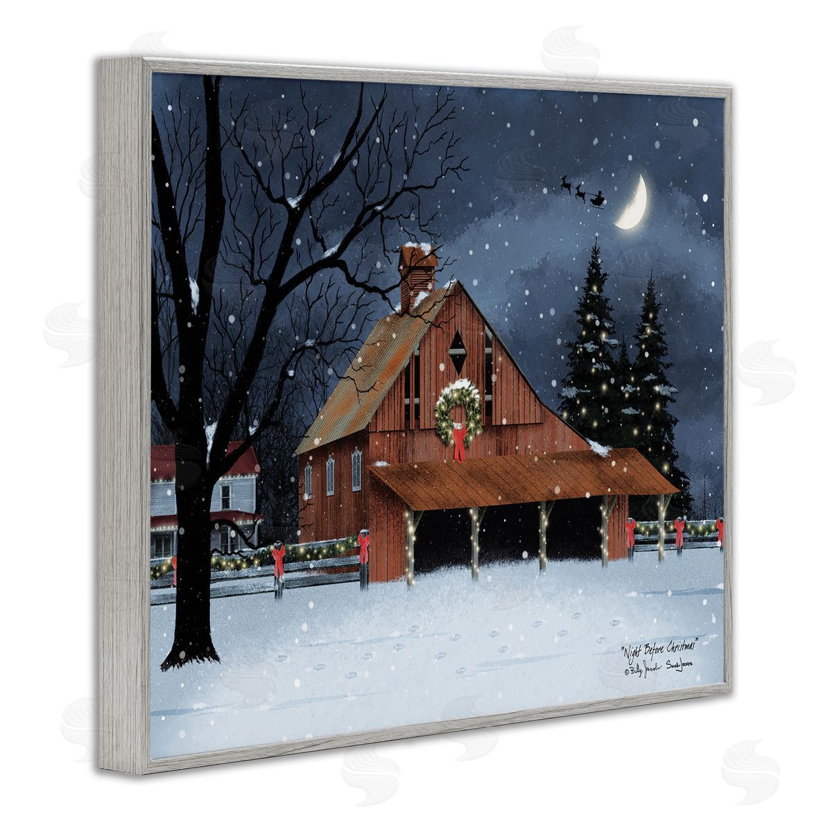 Night Before Christmas Barn Grey Frame Print Wall Art, Home Decor by Billy Jacobs