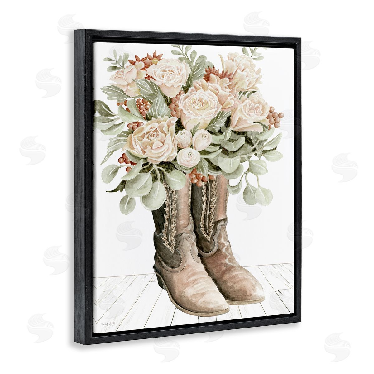 Chic Bouquet Boots Black Floating Frame Canvas Wall Art, Home Decor by Cindy Jacobs