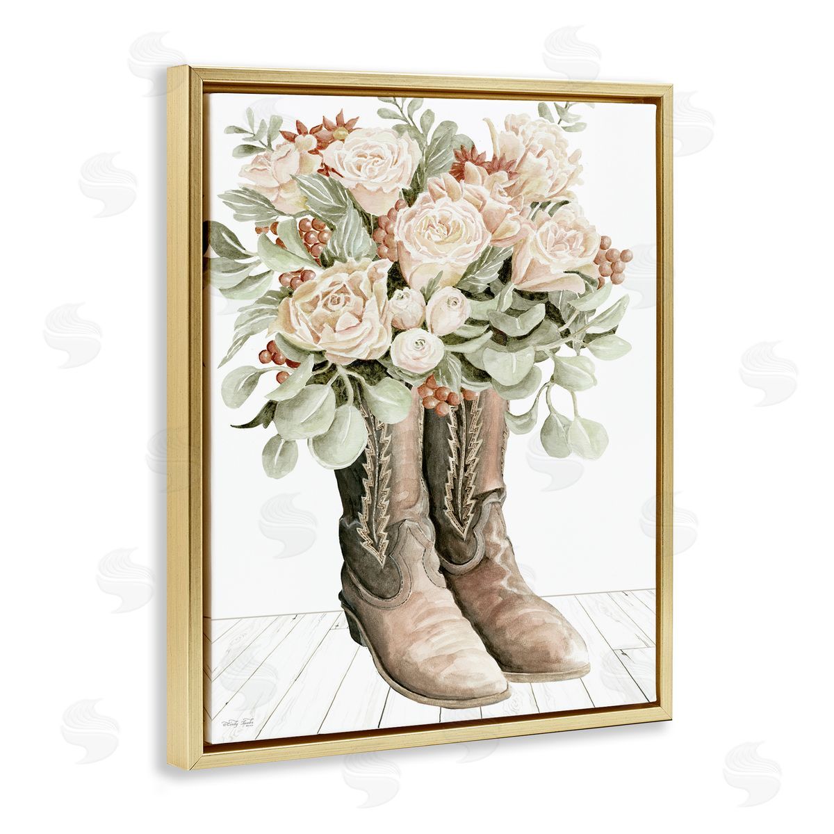 Chic Bouquet Boots Gold Floating Frame Canvas Wall Art, Home Decor by Cindy Jacobs