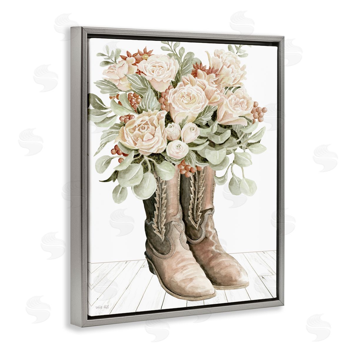 Chic Bouquet Boots Grey Floating Frame Canvas Wall Art, Home Decor by Cindy Jacobs