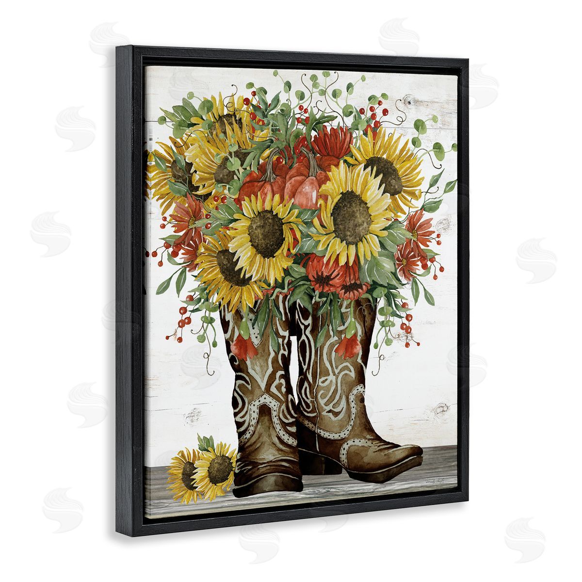 Sunflowers in Western Boots Black Floating Frame Canvas Wall Art, Home Decor by Cindy Jacobs