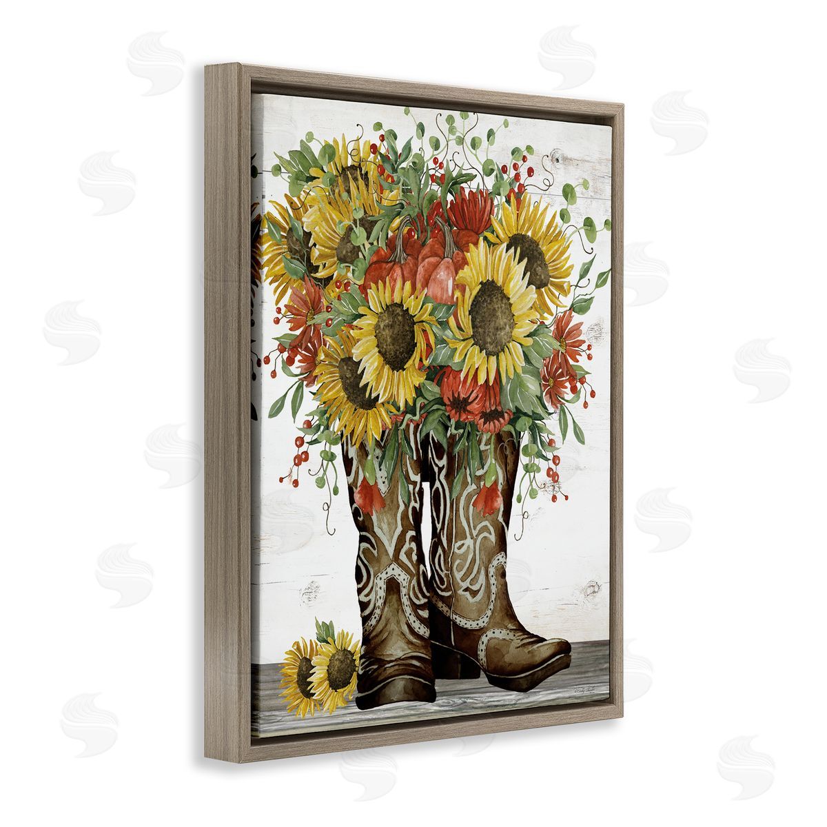 Sunflowers in Western Boots Brown Floating Frame Canvas Wall Art, Home Decor by Cindy Jacobs