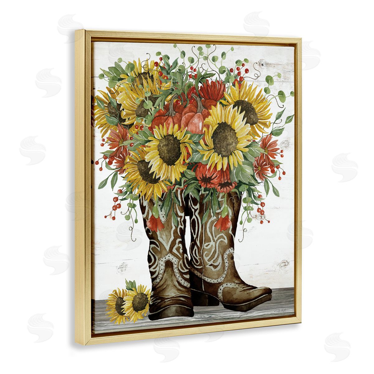 Sunflowers in Western Boots Gold Floating Frame Canvas Wall Art, Home Decor by Cindy Jacobs