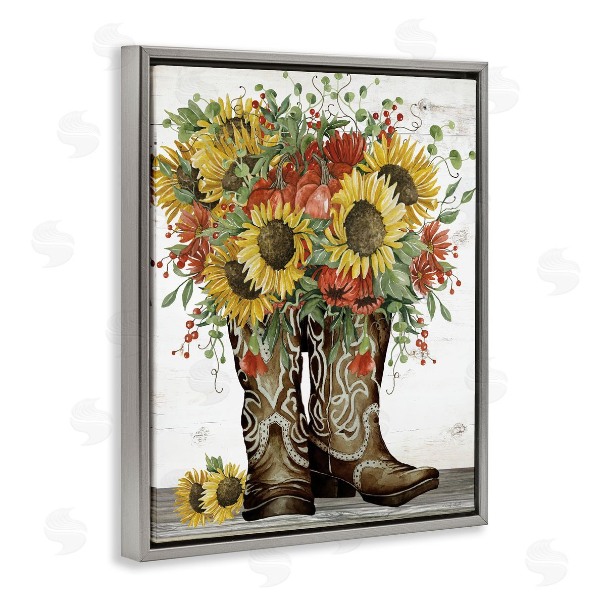 Sunflowers in Western Boots Grey Floating Frame Canvas Wall Art, Home Decor by Cindy Jacobs