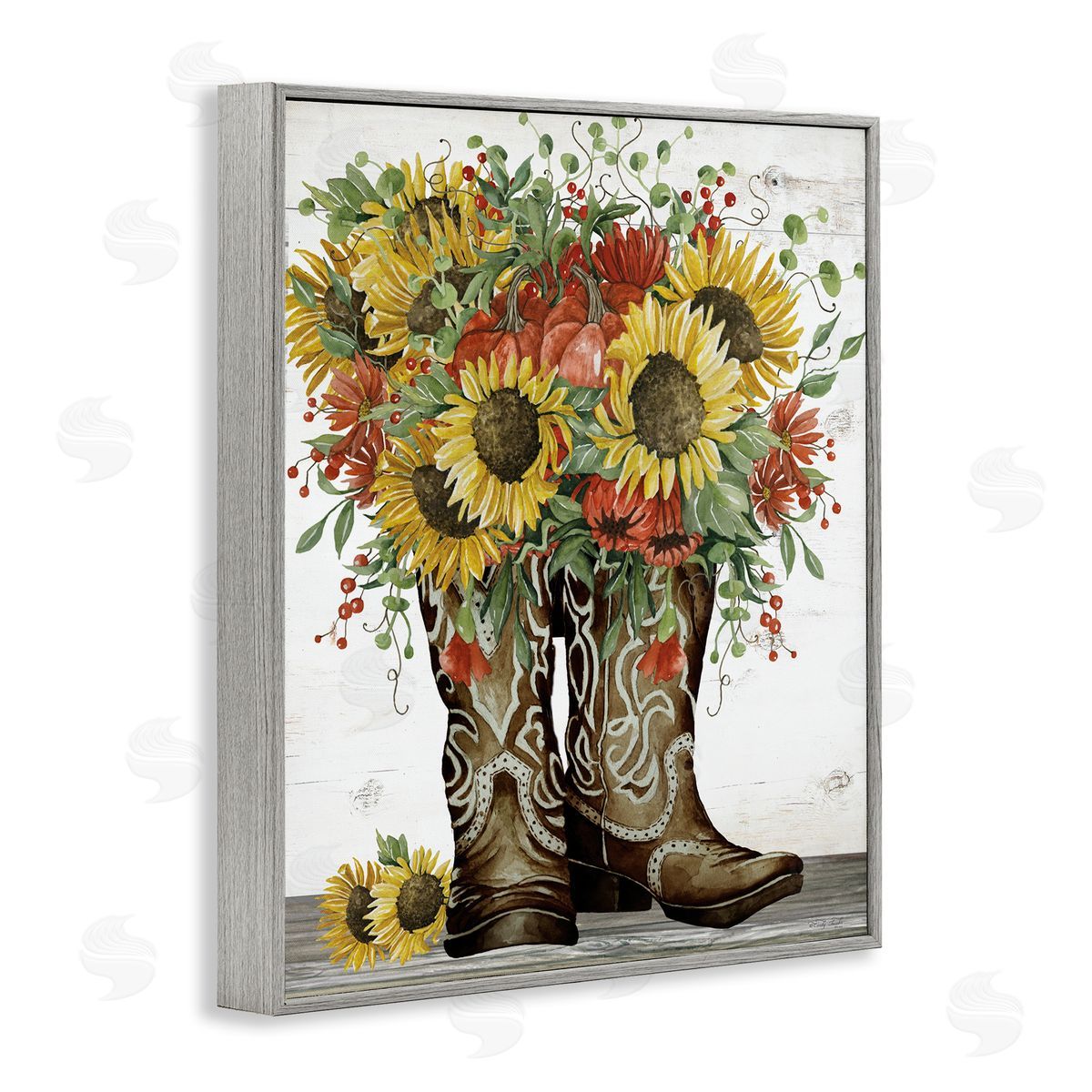 Sunflowers in Western Boots Grey Frame Print Wall Art, Home Decor by Cindy Jacobs