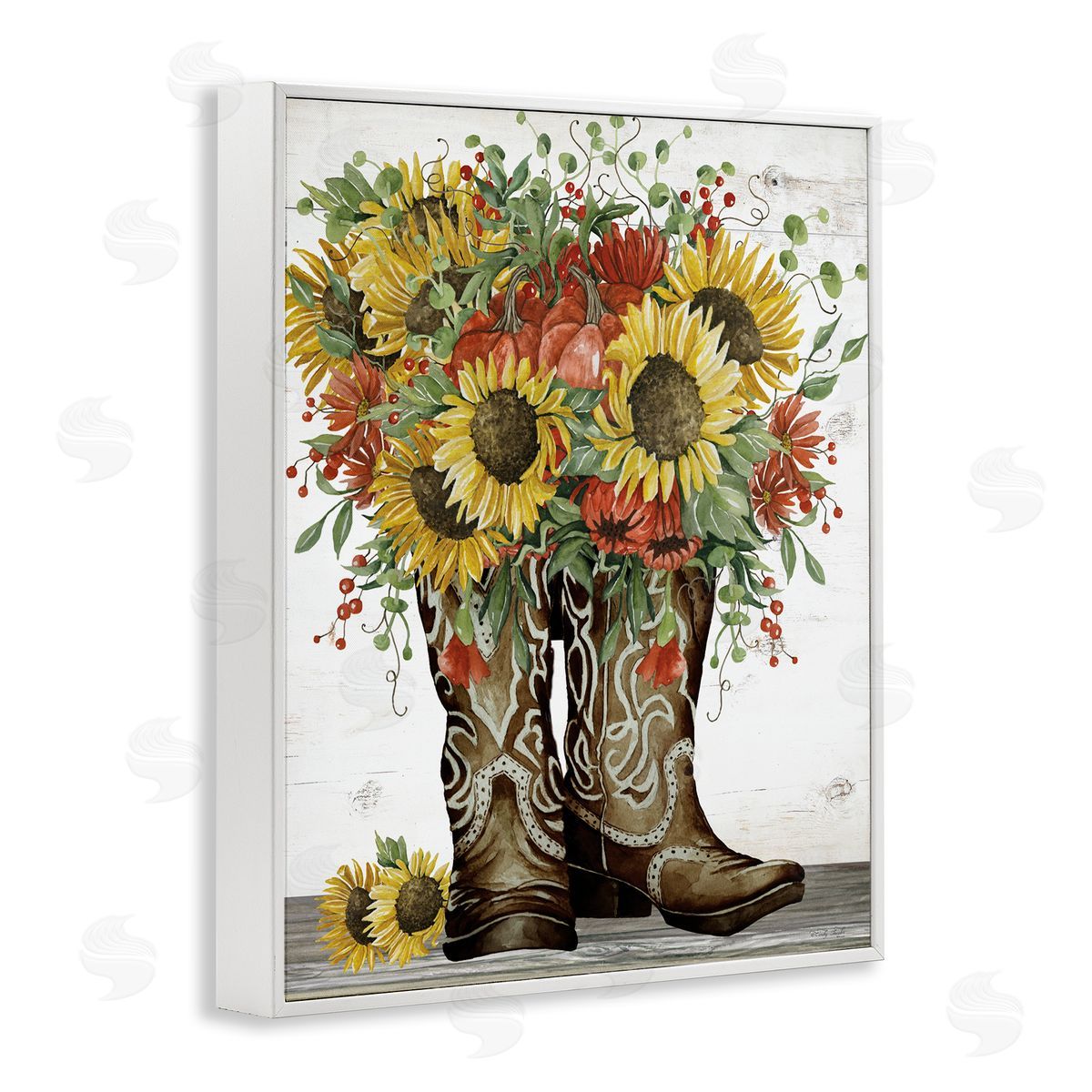 Sunflowers in Western Boots White Frame Print Wall Art, Home Decor by Cindy Jacobs