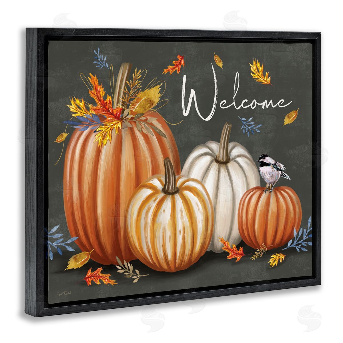 Welcome with Autumnal Pumpkins Black Floating Frame Canvas Wall Art, Home Decor by Elizabeth Tyndall