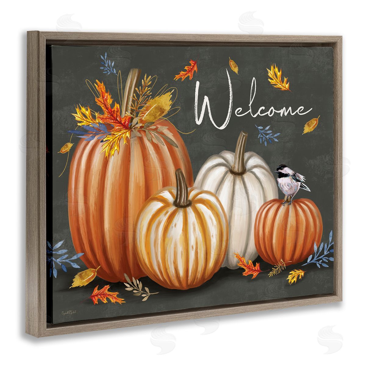 Welcome with Autumnal Pumpkins Brown Floating Frame Canvas Wall Art, Home Decor by Elizabeth Tyndall