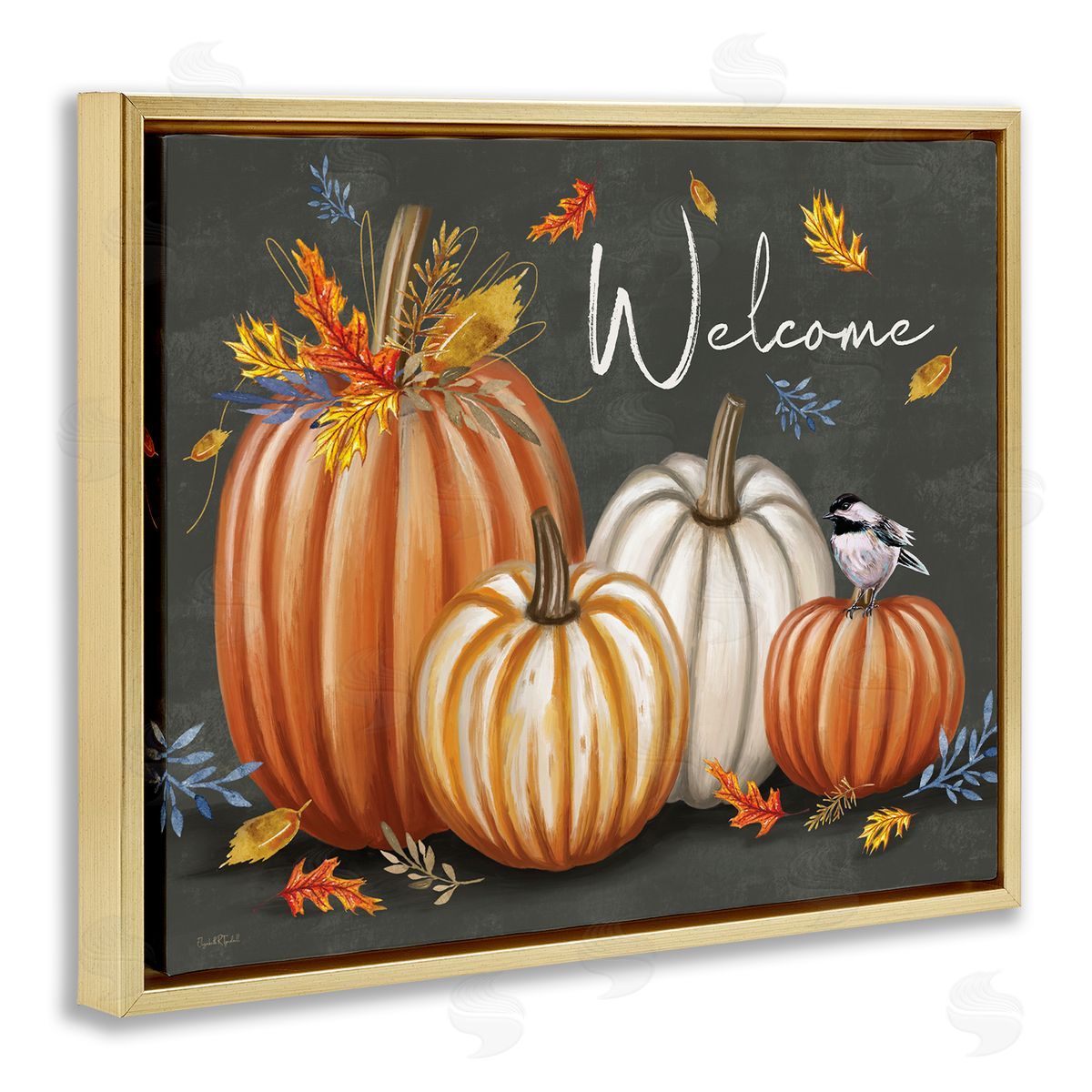 Welcome with Autumnal Pumpkins Gold Floating Frame Canvas Wall Art, Home Decor by Elizabeth Tyndall